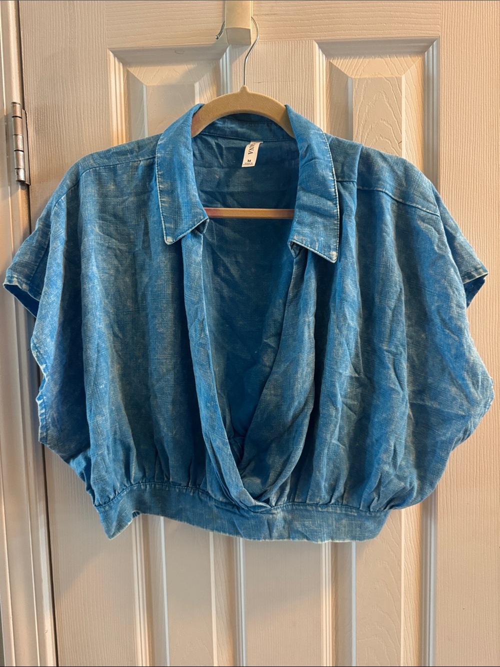 Zenana Outfitters Washed Blue Draped Crop Top